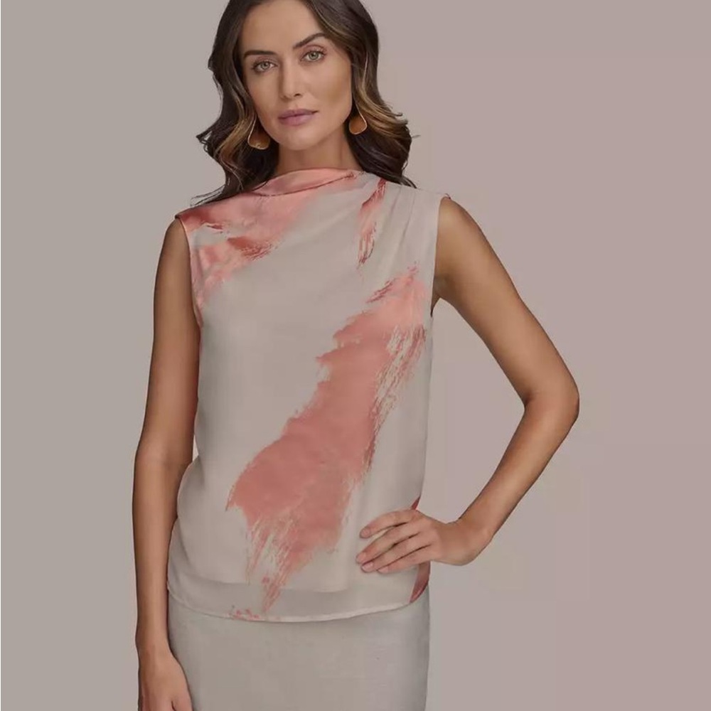 Donna Karan Women’s Sleeveless Draped Mockneck Top in Coral and Cream